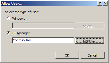 Screenshot della finestra di dialogo Consenti utente con Contoso User visualizzata nel campo I S Manager. 