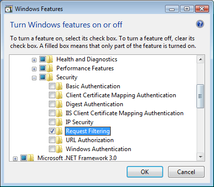 Screenshot della finestra di dialogo Funzionalità di Windows Vista o Windows 7. Il filtro delle richieste è evidenziato.