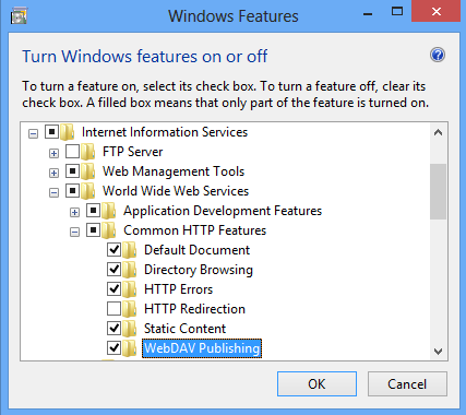 Screenshot di Attivare o disattivare la finestra delle funzionalità di Windows con Pubblicazione DAV Web selezionata.
