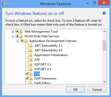 Screenshot che mostra l'opzione C G I selezionata per Windows 8.