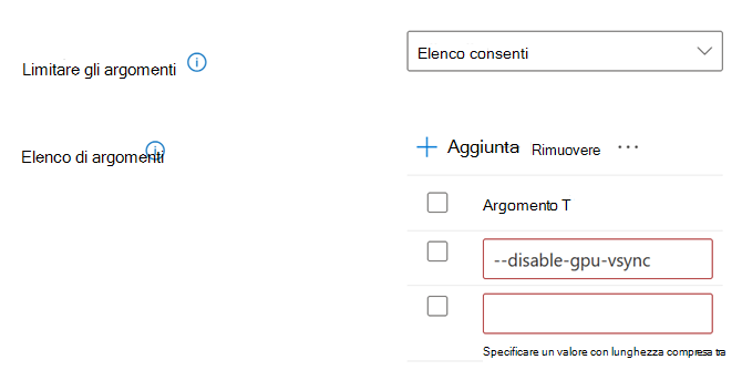 Acquisizione dello schermo dell'interfaccia utente per la configurazione degli argomenti della riga di comando.
