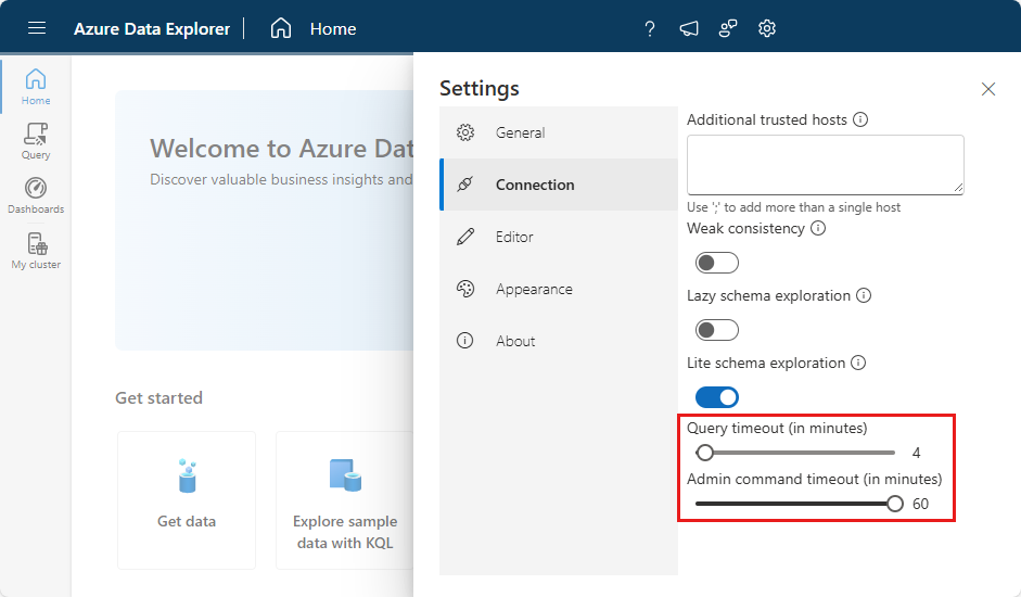 Schermata delle impostazioni nell'interfaccia utente Web di Esplora dati di Azure che controllano la durata del timeout.