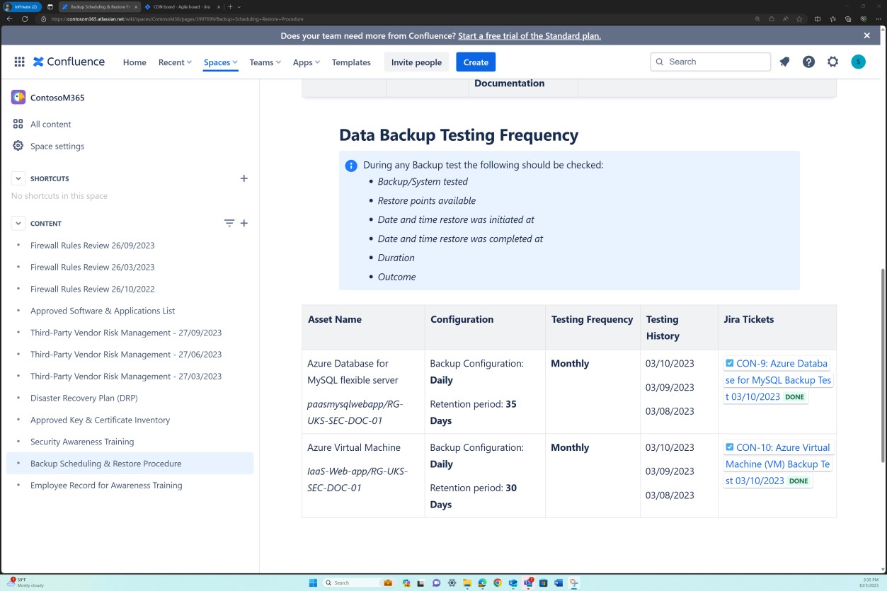 Frequenza di test delle impostazioni di backup della confluenza.