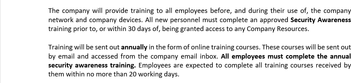 Estratto da Contoso security awareness policy mandating annual training .excerpt from Contoso security awareness policy mandating annual training.Excerpt from Contoso security awareness policy mandating annual training.