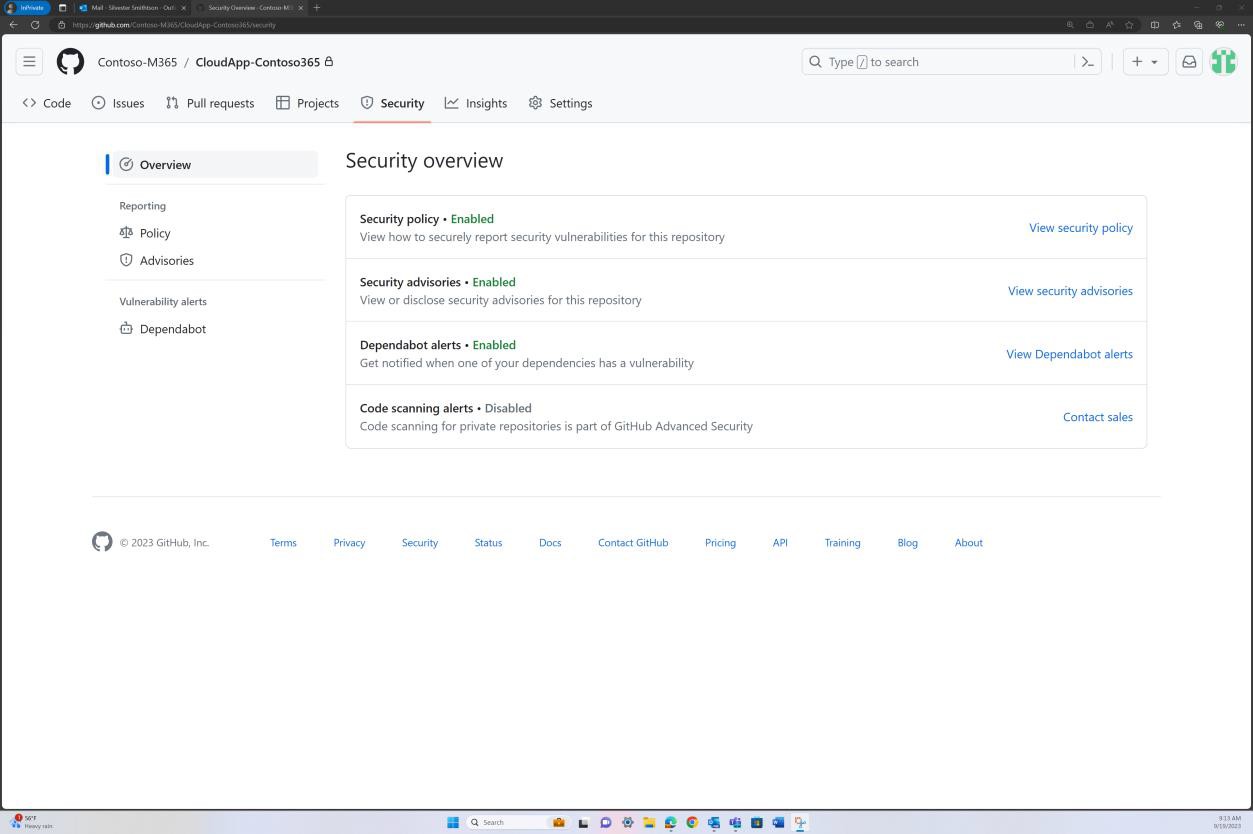 Panoramica della sicurezza di GitHub con 4 criteri elencati come abilitati.