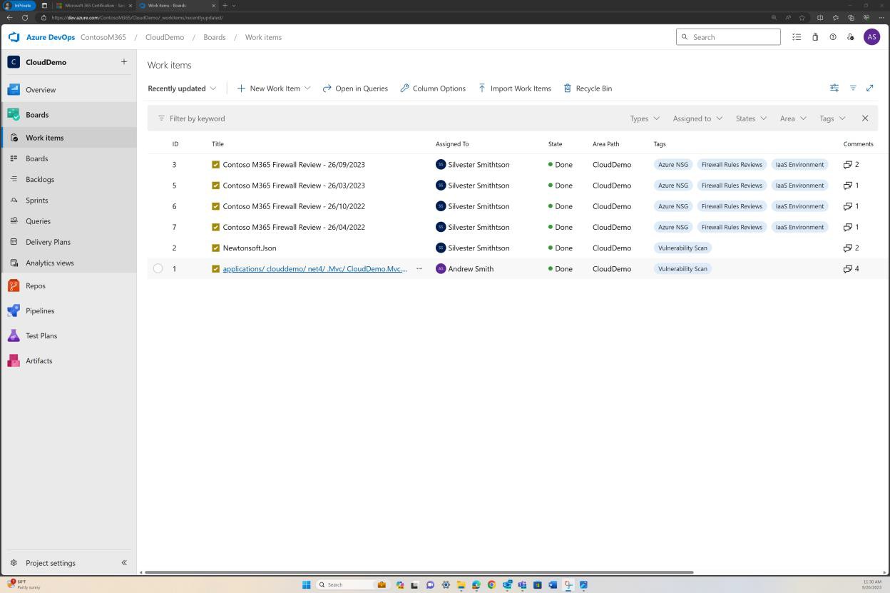 Azure log degli elementi di lavoro DevOps di Contoso Firewall rEviews completato con date che si estendono su 1 anno.