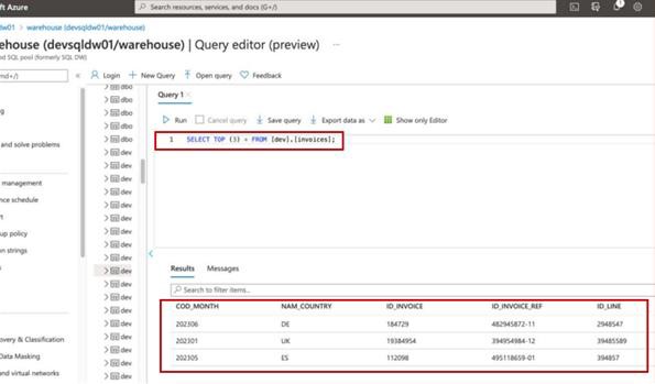 Editor di query del database di sviluppo con risultati di esecuzione.
