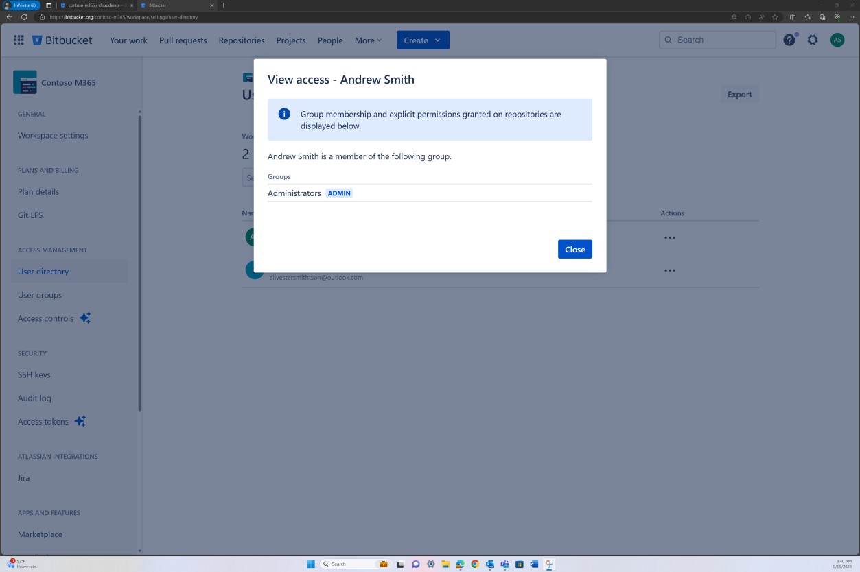 La directory utente di Bitbucket visualizza l'accesso per Andrew Smith.