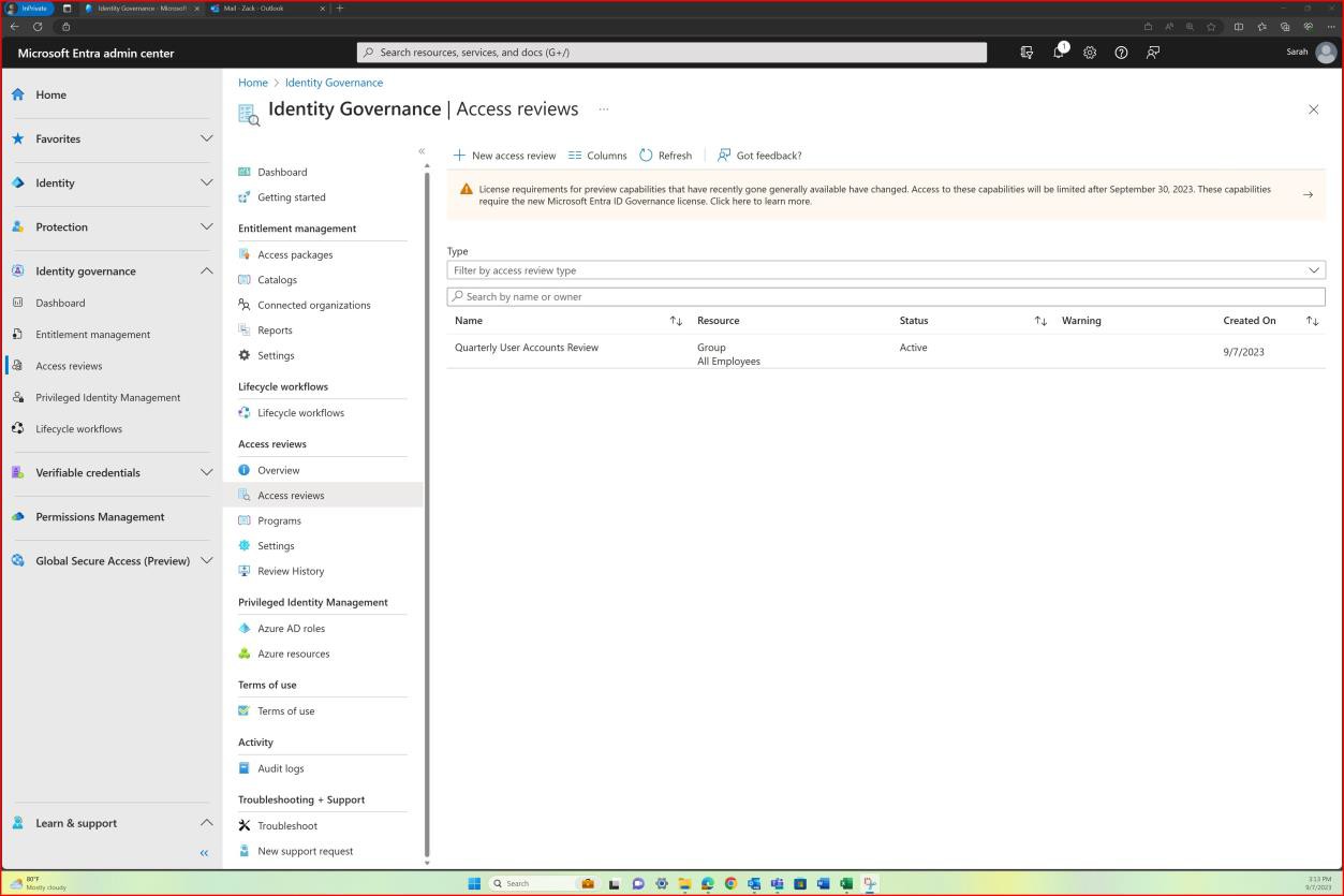 Interfaccia di amministrazione di Microsoft Entra la governance delle identità con la revisione trimestrale degli account utente.