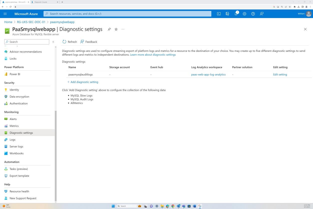 Microsoft Azure aggiungere una nuova pagina delle impostazioni di diagnostica.