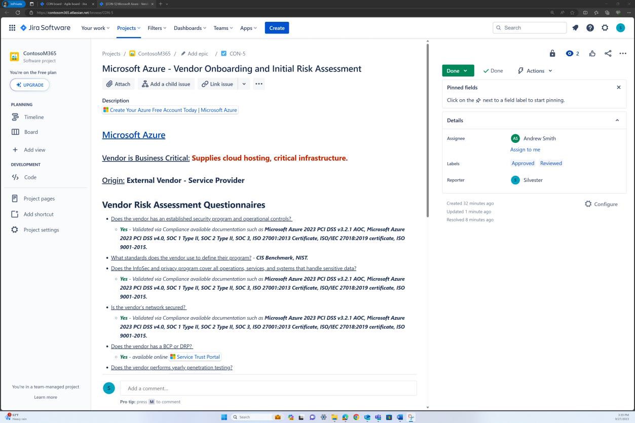 Onboarding del fornitore Jira e valutazione dei rischi per Microsoft Azure.
