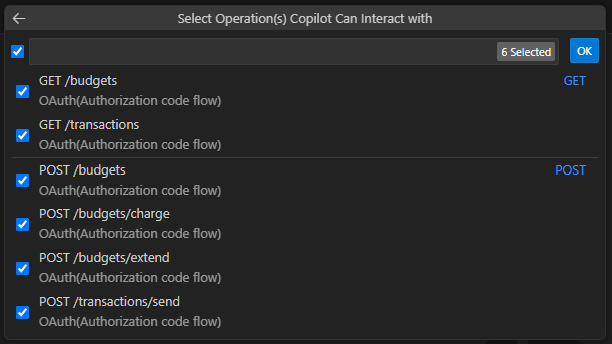 The Agents Toolkit UI to select operations
