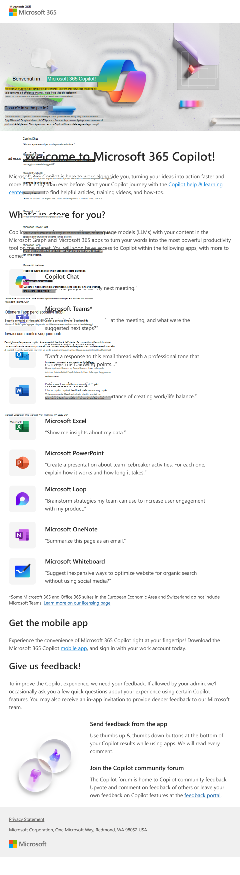 Immagine di un messaggio di posta elettronica che introduce Microsoft 365 Copilot e le relative funzionalità che un amministratore può fornire agli utenti.