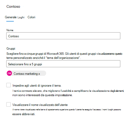 Screenshot: scheda Generale che mostra il tema predefinito per un gruppo di utenti dell'organizzazione.