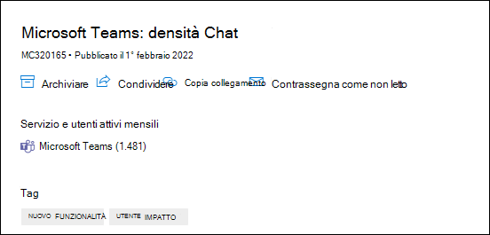Screenshot: visualizzazione della pagina di densità di Microsoft Teams Chat nel post del centro messaggi con i dati utente attivi mensili.