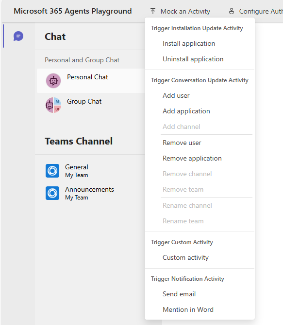 Screenshot che mostra l'interfaccia del playground degli agenti con il menu Simula un'attività espanso, che mostra le opzioni dell'attività Attiva notifica, tra cui Invia e-mail e Menzione in Word.