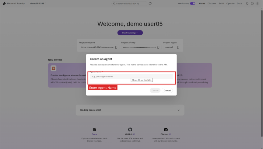 Screenshot della finestra di dialogo di creazione dell'agente in Microsoft Foundry.