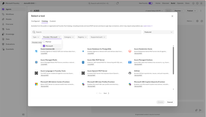 Screenshot del catalogo degli strumenti in Microsoft Foundry.