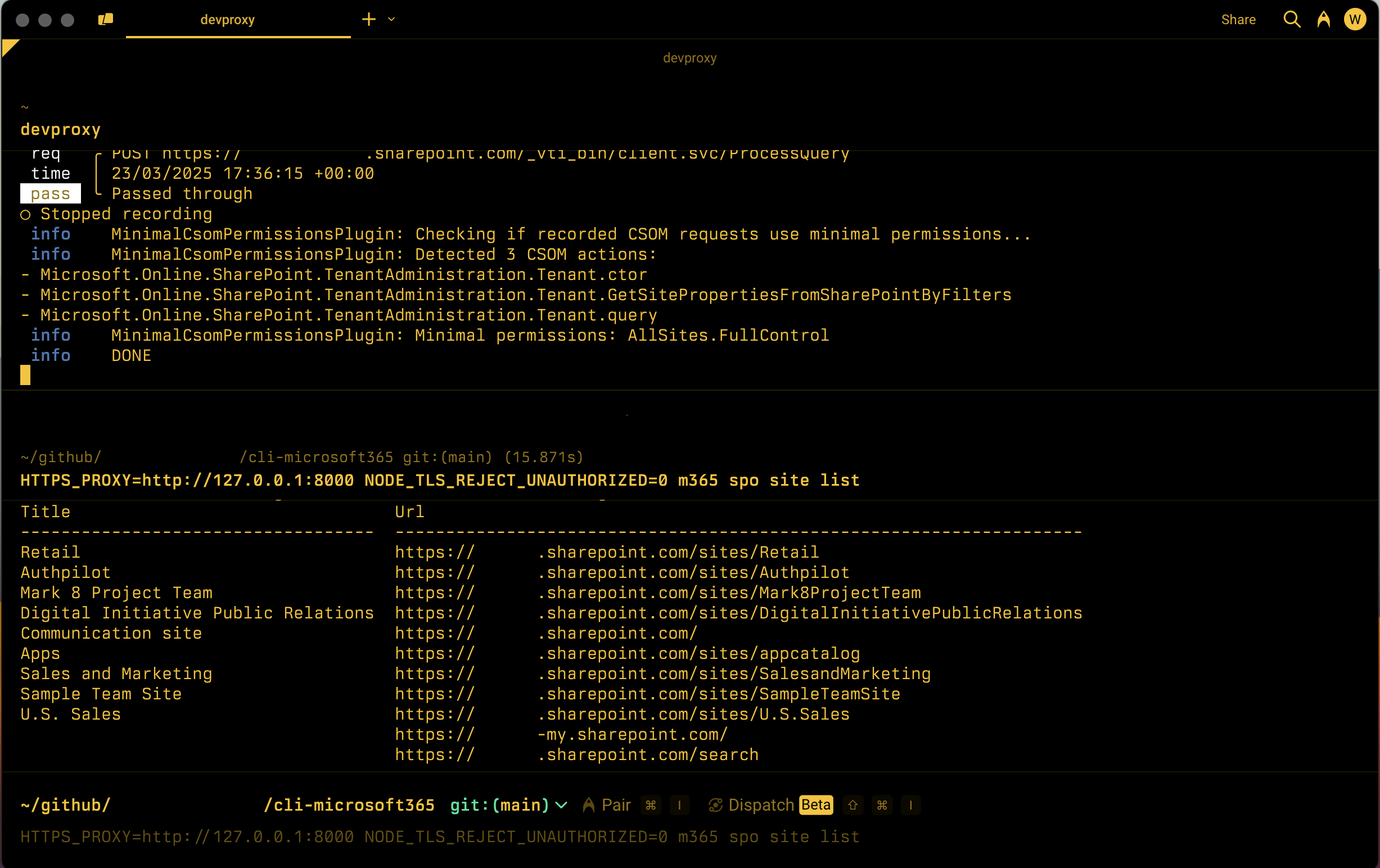 Screenshot di una riga di comando che mostra l'elenco delle autorizzazioni minime necessarie per chiamare il set registrato di API CSOM di SharePoint.