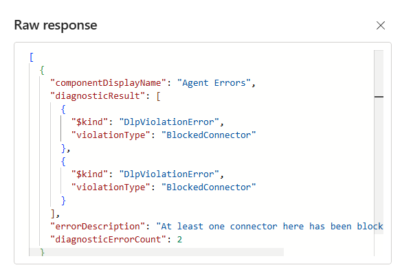 Schermata del pannello di risposta grezzo che mostra le violazioni dei criteri sui dati come letterale JSON.