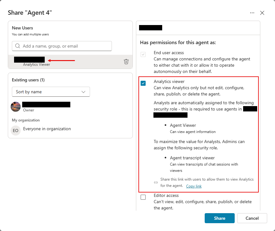 Screenshot del riquadro Condividi agente che concede a un utente l'accesso al Visualizzatore di Analisi.