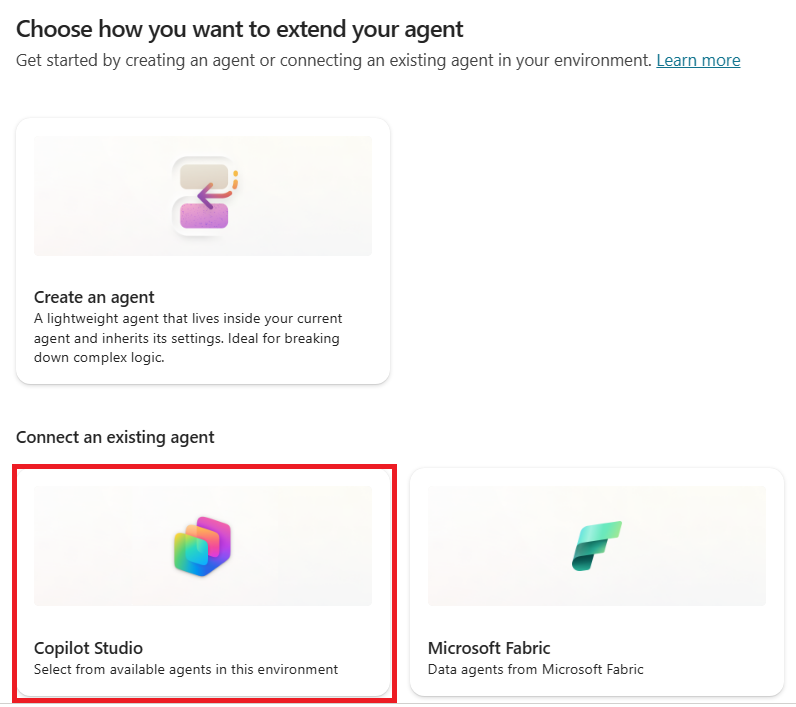 Screenshot che mostra la selezione dell'opzione di aggiunta dell'agente di Copilot Studio