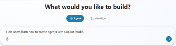 Screenshot dell'area in cui è possibile descrivere l'agente nella home page di Copilot Studio.