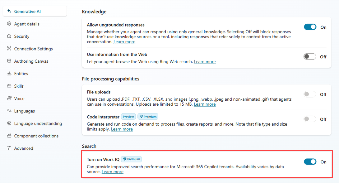 Screenshot della funzionalità Abilita Work IQ nella sezione Ricerca.