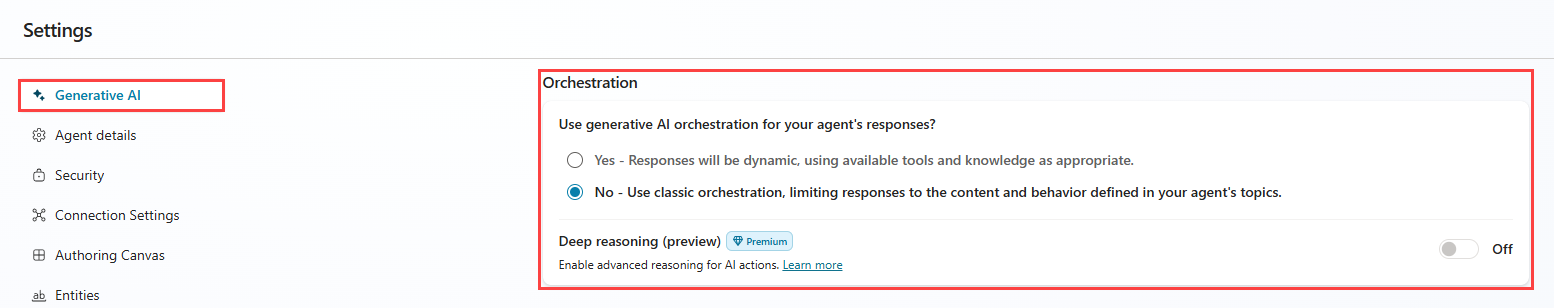 Screenshot delle impostazioni di un agente, che evidenzia le impostazioni generative per intelligenza artificiale e l'opzione 'No - Usa orchestrazione classica, limitando le risposte al contenuto e al comportamento definiti negli argomenti dell'agente'.