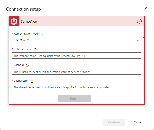 Screenshot della pagina di connessione ServiceNow.