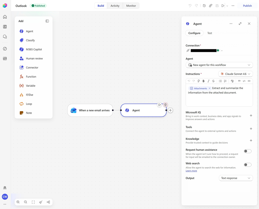 Workflow triggered by a new Outlook email with an Agent node configured to extract data from email attachments.
