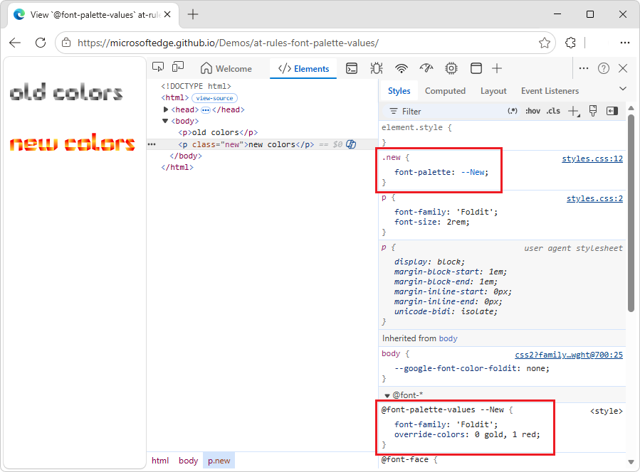 The at-font-palette-values rule in the Styles tab