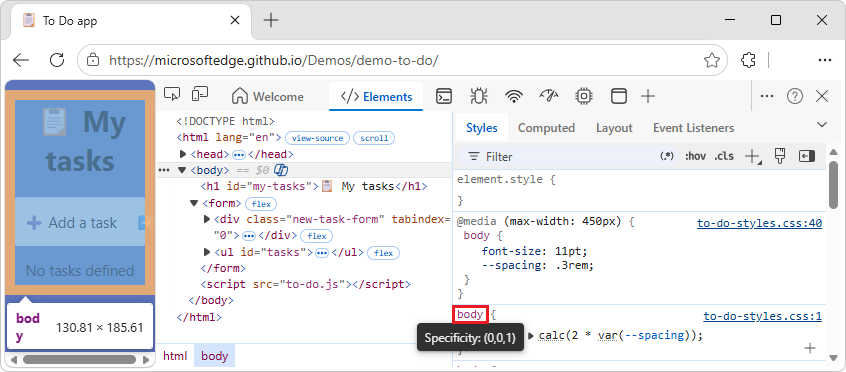 The tooltip with specificity weight of a matched selector