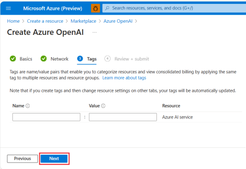Screenshot shows the Azure OpenAI tags details.