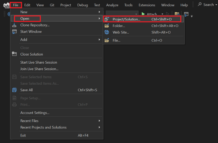 The screenshot of Visual Studio file menu. The menu entries titled Open under File menu and Project/Solution under Open are highlighted in red.