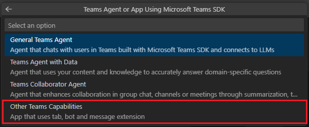 Screenshot shows the option to select the other Teams Capabilities.
