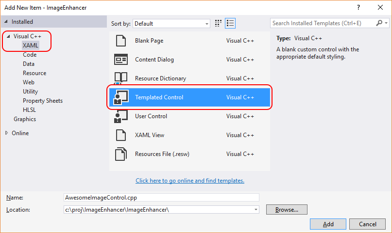 Aggiunta di un nuovo elemento di controllo basato su modelli XAML al progetto