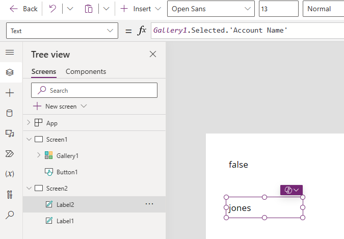 Screenshot di Power Apps Studio che mostra un controllo con riferimenti incrociati.