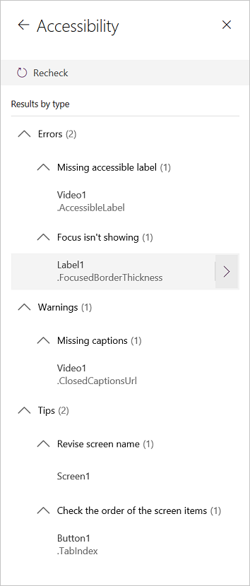 Screenshot del riquadro Verifica accessibilità in Power Apps che mostra un elenco dei problemi di accessibilità rilevati e dei collegamenti alle linee guida.