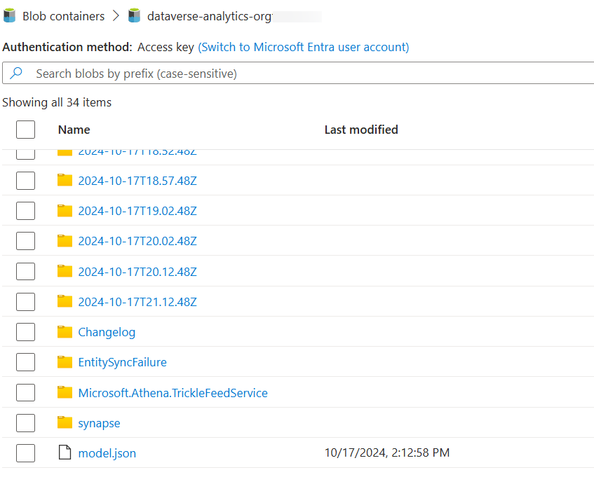 Cartelle incrementali visualizzate nell'archiviazione Azure Data Lake Storage creata da Collegamento a Synapse