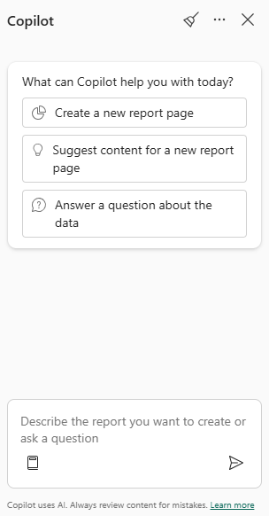 Screenshot del Copilot riquadro in Power BI con il campo di input della richiesta e il pulsante suggerisci contenuto.