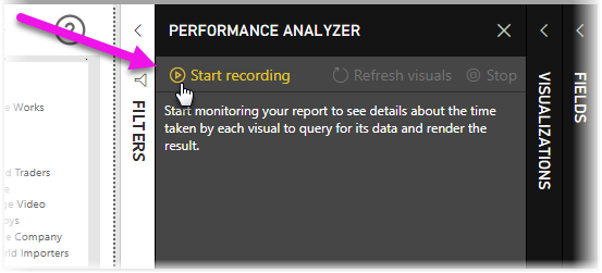 Screenshot di analizzatore prestazioni con il pulsante Avvia registrazione evidenziato.