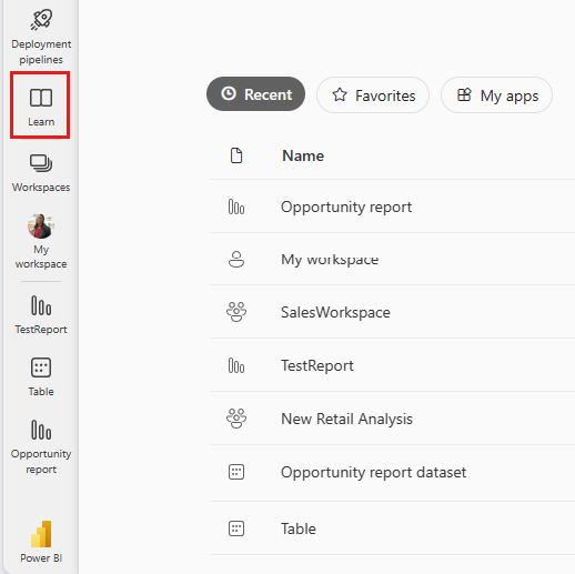 Screenshot dell'icona Learn nel riquadro di spostamento.