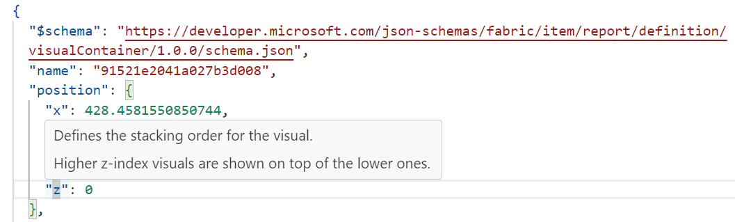 Screenshot dell'effetto di sovrapposizione PBIR dello Schema JSON.