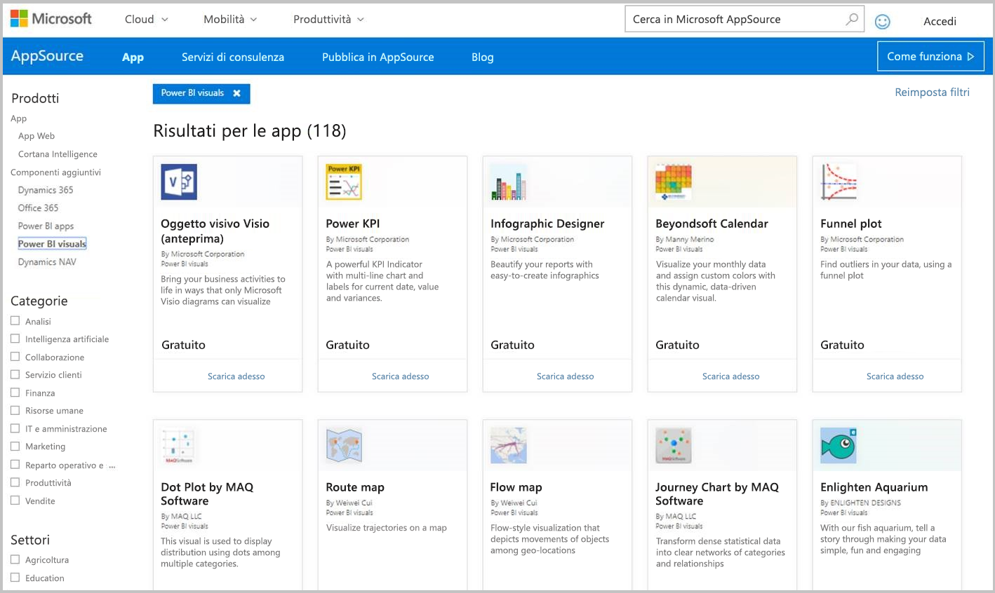 Schermata delle visualizzazioni di Power BI in AppSource.
