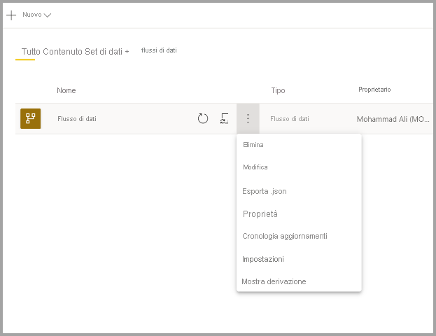 Screenshot di un flusso di dati selezionato con il menu a discesa delle opzioni aggiuntive aperto.