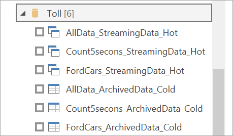 Schermata di un elenco di tabelle di output nel flusso di dati Toll.