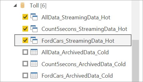 Schermata che mostra le tabelle di output attive selezionate per i flussi di dati di streaming in Power BI Desktop.