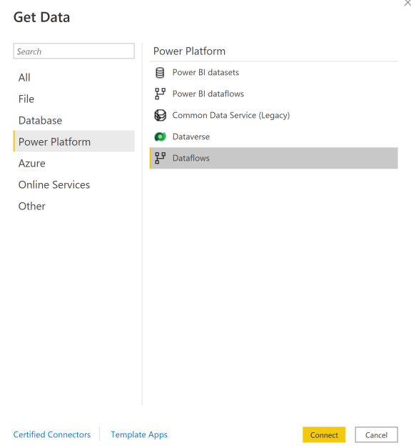 Schermata della finestra Recupera dati, Power Platform è selezionato nel riquadro di navigazione e Dataflows è evidenziato nel riquadro principale.