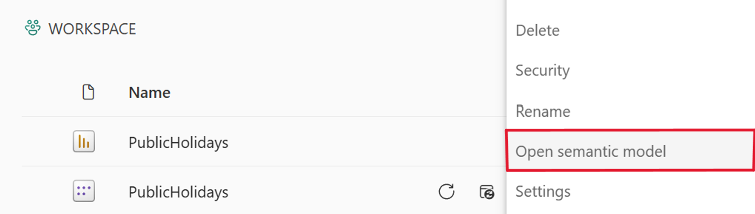Screenshot dell'apertura del modello di dati dal menu Altre opzioni.